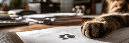 A soft cats paw print rests on clean paperwork, while the desk background reveals an inviting and slightly cluttered workspace filled with various items.の素材
