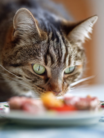 A furry tabby cat sniffs at gourmet-style food served on a porcelain dish while surrounded by a softly unfocused background, showing its inquisitive nature.の素材