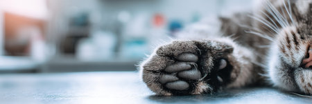 A veterinarian holds the paw of a cat in a medical setting, highlighting the soft fur and pads while a blurred background suggests a veterinary practice.の素材