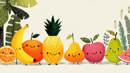 A delightful collection of smiling fruits including a banana, orange, pineapple, and more, joyfully arranged in a vibrant garden filled with greenery.の素材
