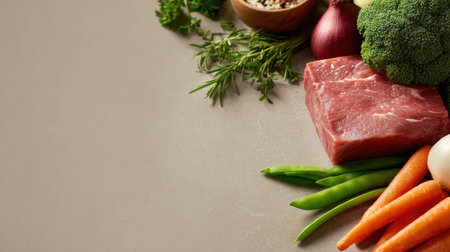 Close-up view of high-quality meat and an array of fresh vegetables suitable for pet meals, arranged neatly on a clean, neutral background.の素材