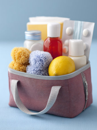 A compact cold care kit filled with essential items like medication, soothing creams, and soft comforts, designed for easy travel and quick relief.の素材