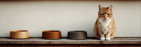 A cat is sitting next to food bowls, marked for morning and evening, in a minimalistic environment, showcasing a tranquil domestic atmosphere.の素材