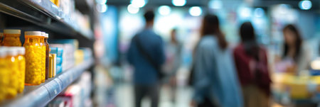 Cold medications are neatly arranged on the pharmacy counter while customers are seen browsing and engaging in conversation in the background.の素材