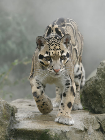 A clouded leopard strides confidently over a rock, its distinct fur adorned with patterns, against a backdrop of mist and an open upper landscape.の素材