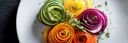Brightly arranged veggie spirals of zucchini, carrots, beets, and herbs create a colorful and fresh presentation on a white plate, enhancing the meals appeal.の素材