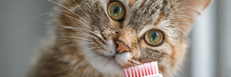 Cat enjoys a gentle teeth cleaning session with a small brush in a simple, minimally decorated indoor space, emphasizing well-being and care.の素材