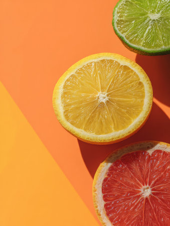 Citrus fruits are artistically arranged in a minimal style on a bright orange surface, showing their vibrant colors and textures.の素材