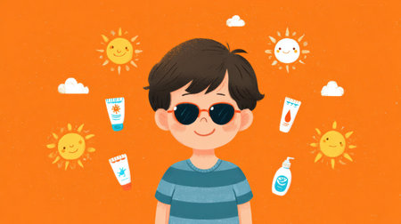 Young boy cheerfully applies sunscreen as he prepares for outdoor fun under a bright sun, surrounded by colorful sun illustrations.の素材