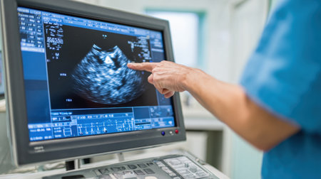 In a veterinary clinic, a veterinarian is pointing at a cat ultrasound displayed on the monitor while explaining the results to a pet owner.の素材