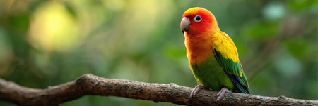A vibrant parrot rests on a branch amid a lush jungle, showcasing its bright plumage while surrounded by a soft, blurred green backdrop for a serene atmosphere.の素材