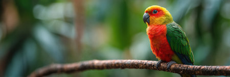 Brightly colored parrot rests on a branch amidst a vibrant jungle backdrop, showing natural beauty and tranquility in a tropical settingの素材