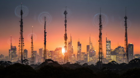 Communication towers rise prominently, radiating signal waves as the sun sets behind a modern skyline filled with skyscrapers, creating a dynamic atmosphere.の素材