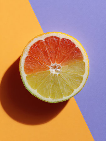 A colorful citrus fruit wheel displays fresh sections of orange and yellow varieties, arranged aesthetically on a bright backdrop, leaving space for content.の素材