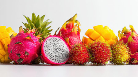 Vibrant exotic fruits like dragonfruit, rambutan, and mango are beautifully arranged on a clean white background.の素材