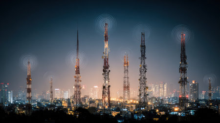 Communication towers emit signal waves under the night sky, highlighting the vibrant lights of a modern city skyline while the foreground remains empty.の素材