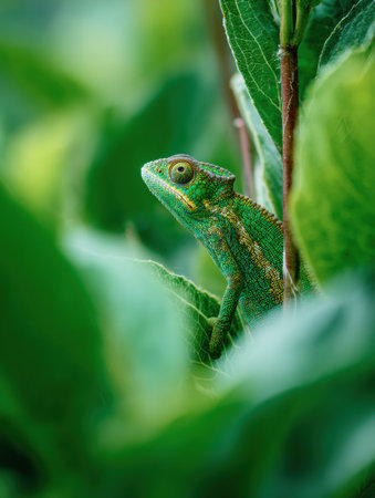 Chameleon adapts perfectly to lush green leaf, demonstrating incredible camouflage while surrounded by a soft, blurred background of foliage.の素材