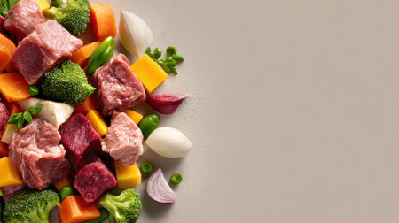 This vivid arrangement showcases high-quality meat pieces alongside a variety of fresh vegetables, ideal for preparing nutritious meals for pets.の素材