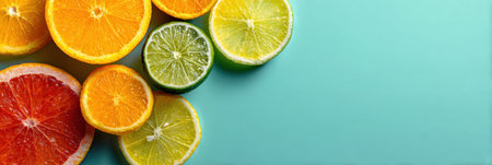 Colorful citrus fruits arranged in a modern minimal style showcase their natural beauty against a calming background, inviting fresh ideas and creativity.の素材