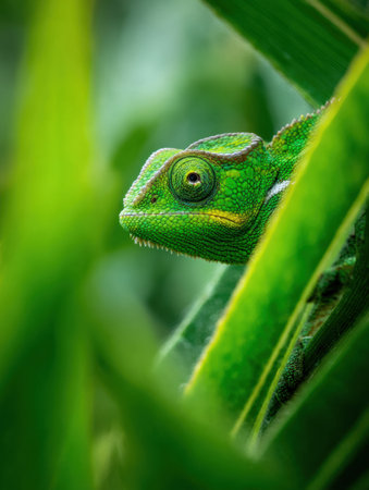 A chameleon camouflages itself against a bright green leaf while surrounded by a serene, soft-focus background, showing its unique adaptation.の素材