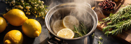 Fresh lemons, herbs, and steam create a warm cold remedy in a cozy kitchen, emphasizing natural ingredients for wellness during cold seasons.の素材