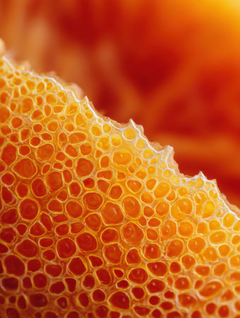 The texture of orange peel displays intricate cellular patterns in vibrant orange hues, showing natures design in a close-up view with a clean left section.の素材