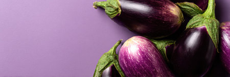 Freshly harvested eggplants arranged artistically against a clean studio backdrop with abstract shapes, highlighting vibrant colors and textures.の素材