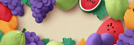 Colorful paper-cut style layout showcases vibrant melons and grapes, offering a playful backdrop perfect for various creative projects.の素材