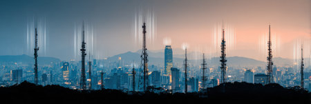 Communication towers stand prominently against a modern skyline as they radiate signal waves into the city skyline during twilight.の素材
