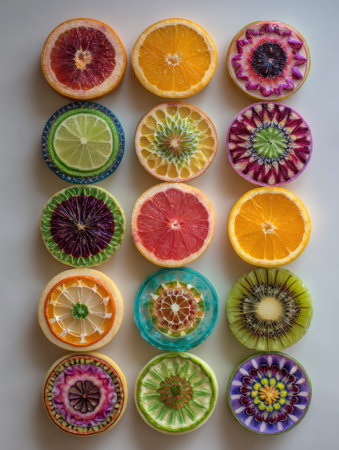 Brightly colored mandalas crafted from fruit slices arranged artistically, conveying a modern yoga ambiance and inviting a sense of calm and wellness.の素材