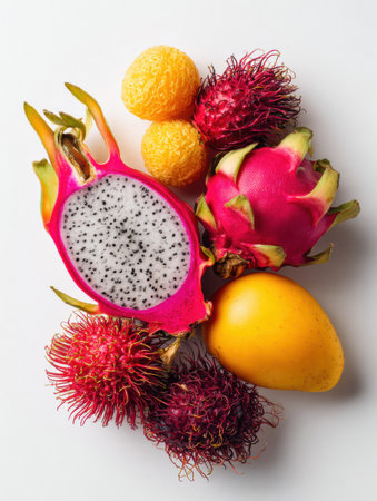 A vibrant assortment of exotic fruits including dragonfruit, rambutan, and mango, beautifully arranged against a clean, white background.の素材