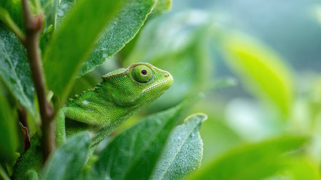 Chameleon expertly camouflages against a vibrant green leaf, showing its unique ability while the soft bokeh provides a serene background atmosphere.の素材