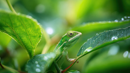 Chameleon perfectly camouflaged among vibrant green leaves in a serene garden, highlighted by soft bokeh creating a peaceful atmosphere.の素材