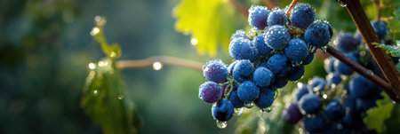 Grapes on the vine sparkle with morning dew, reflecting the gentle light of dawn. The lush green leaves frame this peaceful moment in a vineyard.の素材