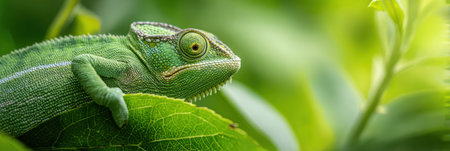 A chameleon blends seamlessly into a vibrant green leaf, showing its incredible ability to camouflage in a lush, soft-focus environment.の素材