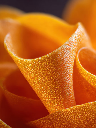 Detailed close-up of orange peel texture displaying intricate patterns and a vibrant color, highlighting the natural beauty and freshness of citrus fruit.の素材