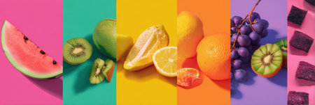 A vibrant collage displays various summer fruits in pop art style, featuring watermelons, kiwis, lemons, and grapes arranged artistically across bright colors.の素材