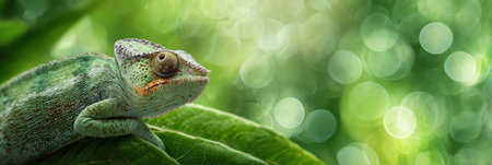 A chameleon camouflages perfectly among lush green leaves while soft light creates a gentle bokeh background, enhancing the serenity of nature.の素材