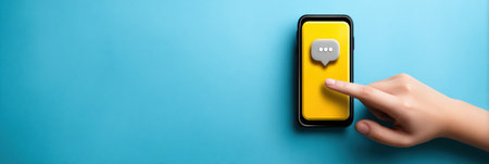 A hand points to a mobile screen displaying a chatbot interface with a yellow background, emphasizing digital communication in a tidy environment.の素材