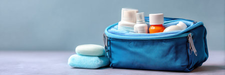Travel bag contains essential cold care items like lotions and medicines, providing comfort and convenience for cold relief while traveling.の素材