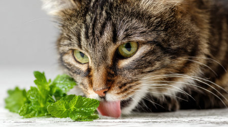 Feline delicately licks delicious wet food, enhanced with herbal garnish, while a minimal background highlights the cats focused enjoyment of the meal.の素材