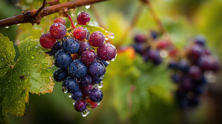Grapes hang on the vine, covered in morning dew while sunlight illuminates their rich colors, capturing the essence of a fresh vineyard in the early hours.の素材