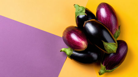 Fresh eggplants are artistically displayed against a colorful abstract backdrop, illustrating a modern and clean studio aesthetic that emphasizes the produce.の素材
