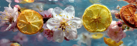 Cherry blossoms drift gracefully on the surface of clear water, accompanied by vibrant slices of fruit, forming an artistic, tranquil composition.の素材