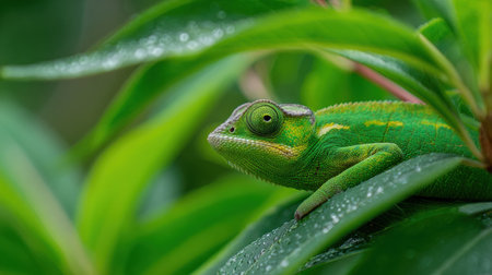 A chameleon blends seamlessly into a vivid green leaf, showing its natural camouflage in a lush habitat filled with soft bokeh backgrounds.の素材