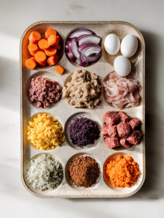 Pet food ingredients like carrots, meats, and eggs are organized on a clean mat in a well-lit kitchen, showcasing a healthy meal preparation process.の素材