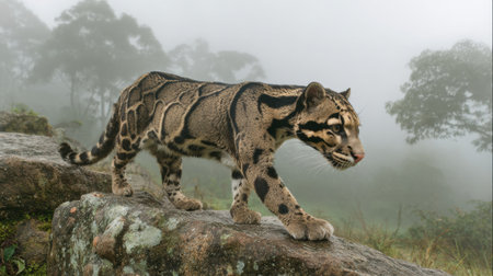 Clouded leopard moves gracefully on a rock, surrounded by misty scenery, capturing the wilderness tranquility while displaying its striking fur and agility.の素材