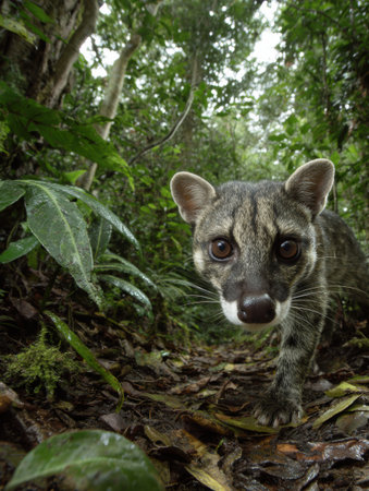 Civet cat moves cautiously across the damp rainforest floor, surrounded by greenery and foliage in a vibrant habitat during daylight hours.の素材