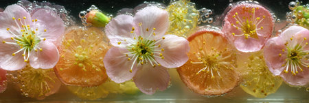 Cherry blossoms bloom amid vibrant fruit slices in a serene setting, capturing the essence of springtime and the beauty of natures bountyの素材