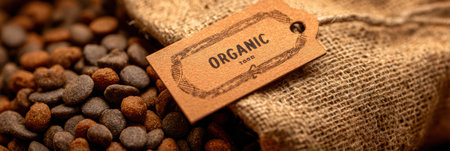 Focus on a tag labeled organic pet food with a backdrop of empty burlap packaging, highlighting the natural and wholesome aspect of pet nutrition.の素材